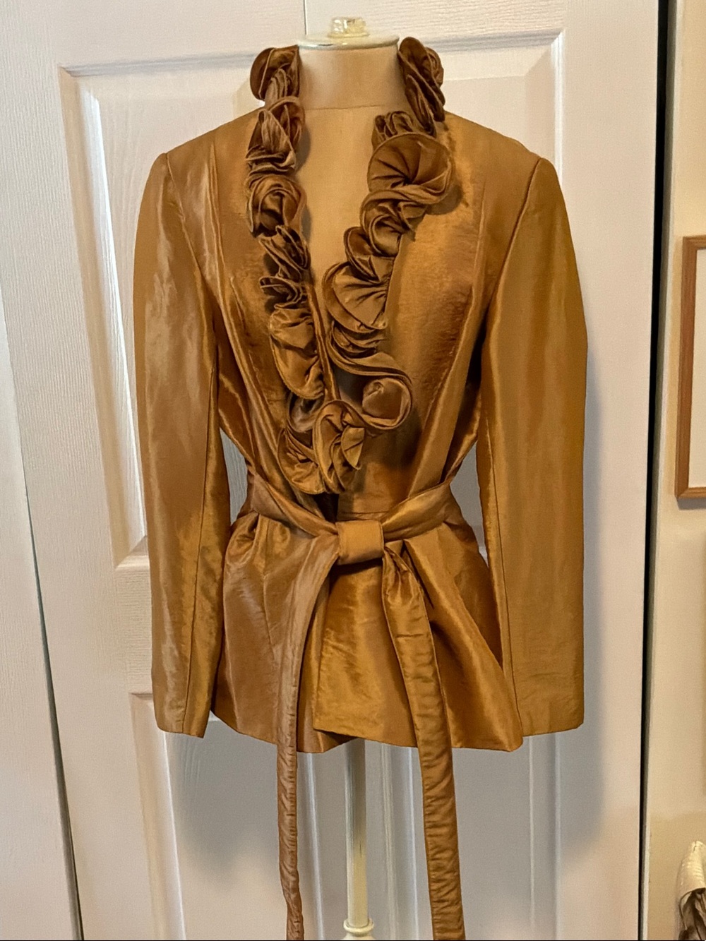 Ashro Caramel Ruffle-Belted Satin Blazer